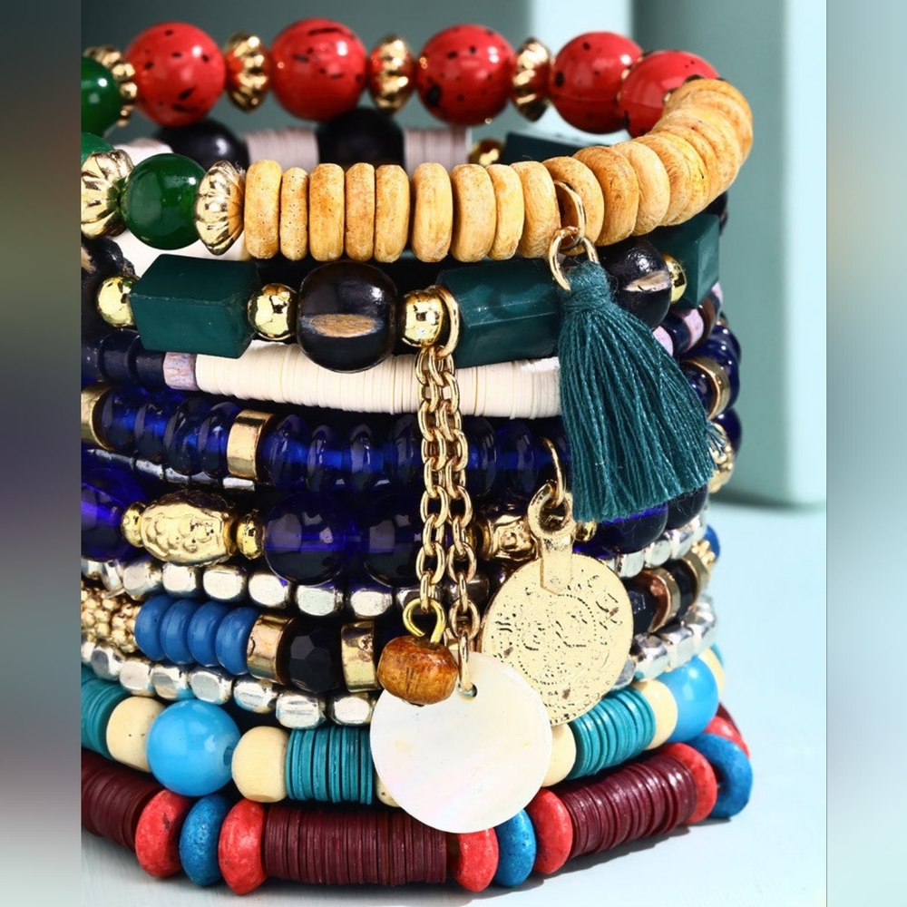 Bohemian Multi Color Beaded Stretch Bracelet Set w Charms & Tassel Accent - Picture 4 of 5